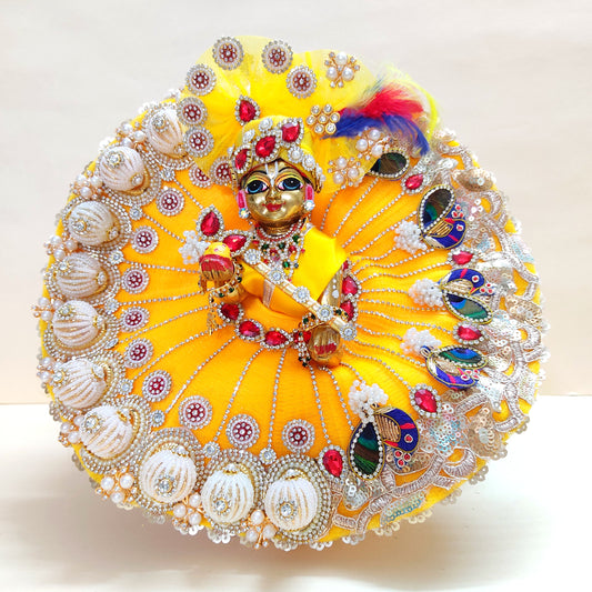Diwali Special Yellow Laddu Gopal Poshak with 3D Pearl Balls, Zari Peacock Patches & Diamond Chain Work with Matching Mukut, Pataka Set, Bansuri & A Surprise Gift.