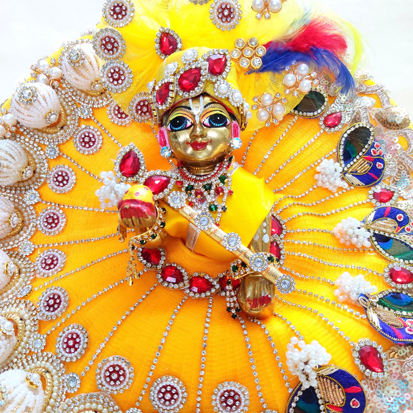 Diwali Special Yellow Laddu Gopal Poshak with 3D Pearl Balls, Zari Peacock Patches & Diamond Chain Work with Matching Mukut, Pataka Set, Bansuri & A Surprise Gift.
