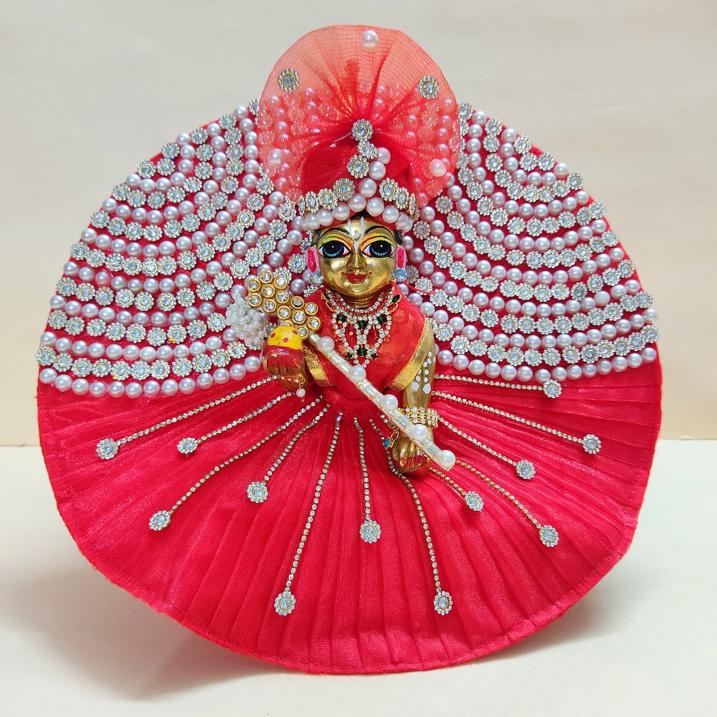 Elegant Diwali Laddu Gopal Poshak with Pearl & Diamond Chain Detailing with Mukut, Patakha Set, Bansuri & Full Shringar Set