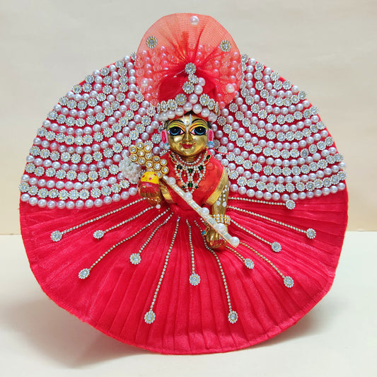 Elegant Diwali Laddu Gopal Poshak with Pearl & Diamond Chain Detailing with Mukut, Patakha Set, Bansuri & Full Shringar Set