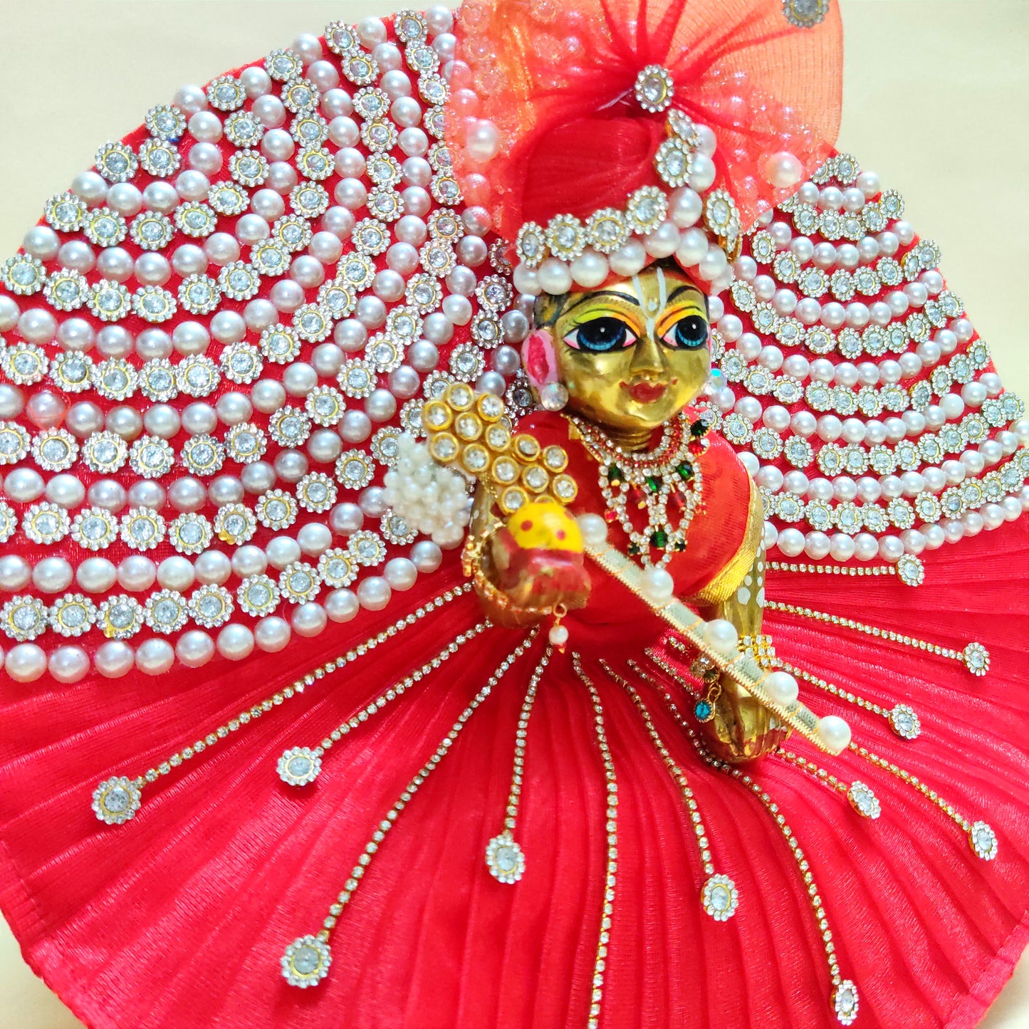 Elegant Diwali Laddu Gopal Poshak with Pearl & Diamond Chain Detailing with Mukut, Patakha Set, Bansuri & Full Shringar Set