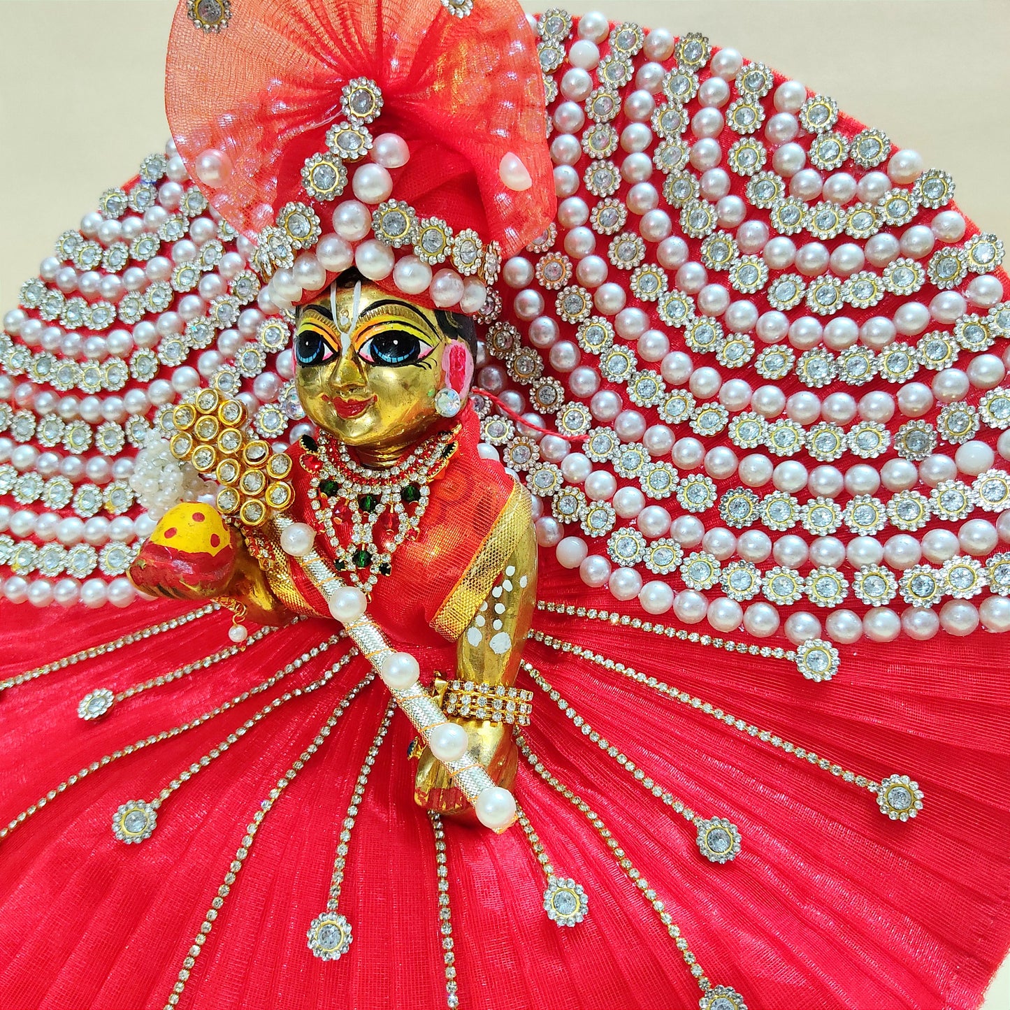 Elegant Diwali Laddu Gopal Poshak with Pearl & Diamond Chain Detailing with Mukut, Patakha Set, Bansuri & Full Shringar Set