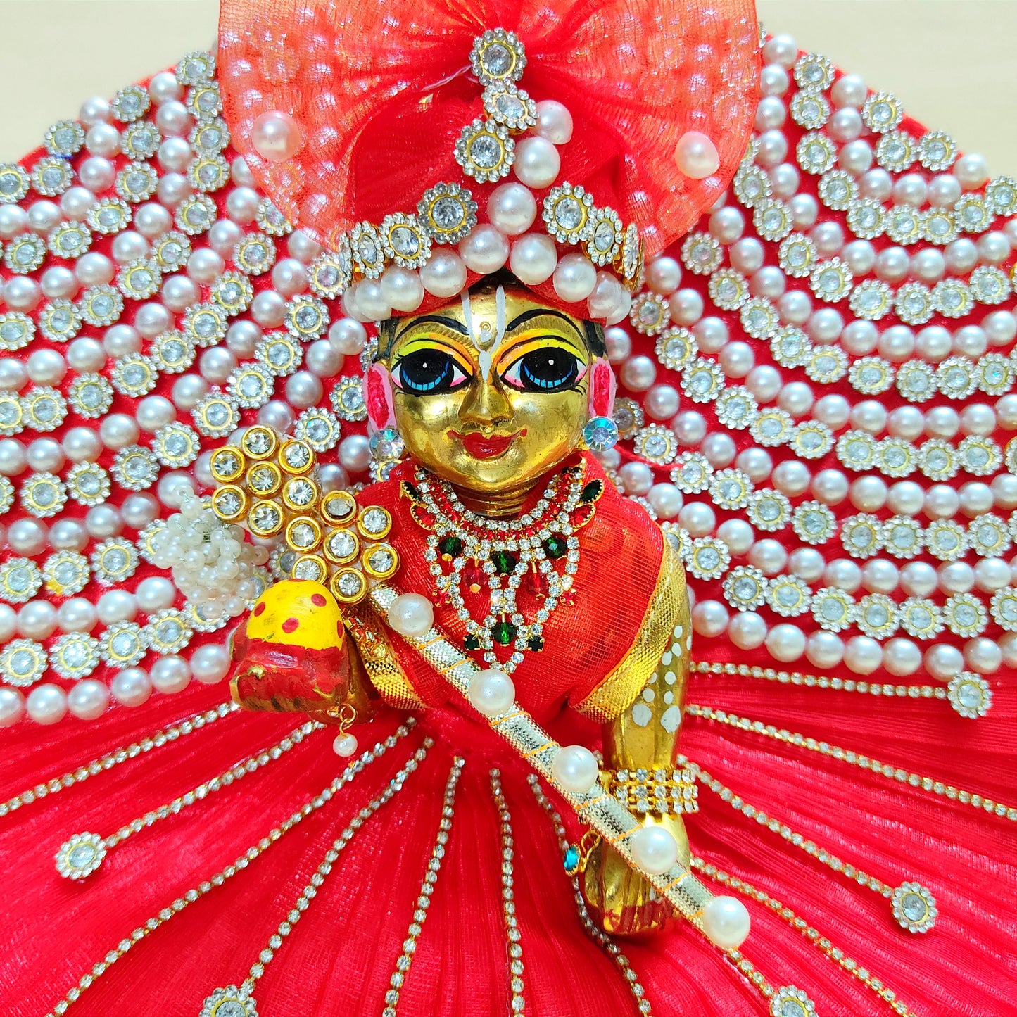 Elegant Diwali Laddu Gopal Poshak with Pearl & Diamond Chain Detailing with Mukut, Patakha Set, Bansuri & Full Shringar Set