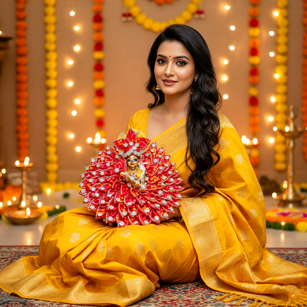 Diwali Special Traditional Bandhej Print Kanha Ji Dress with Mukut, Pataka Set, Bansuri & Full Shringar Set