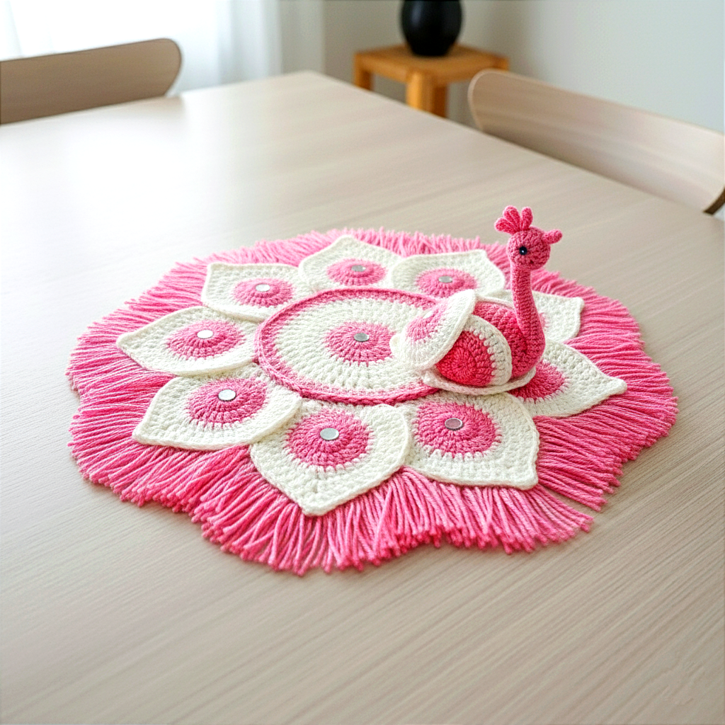 Handmade Crocheted Peacock-Inspired Pink and White Aasan for Kanha Ji | Elegant Thalposh | Sacred Table Cover & Home Decor