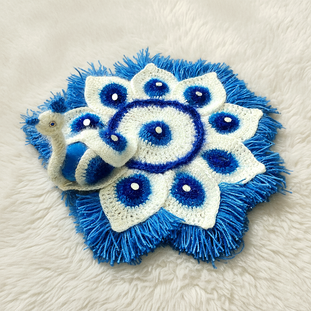 Handmade Crocheted Peacock-Inspired Blue & White Aasan for Kanha Ji | Elegant Thalposh | Sacred Table Cover & Home Decor