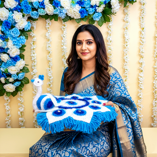 Handmade Crocheted Peacock-Inspired Blue & White Aasan for Kanha Ji | Elegant Thalposh | Sacred Table Cover & Home Decor