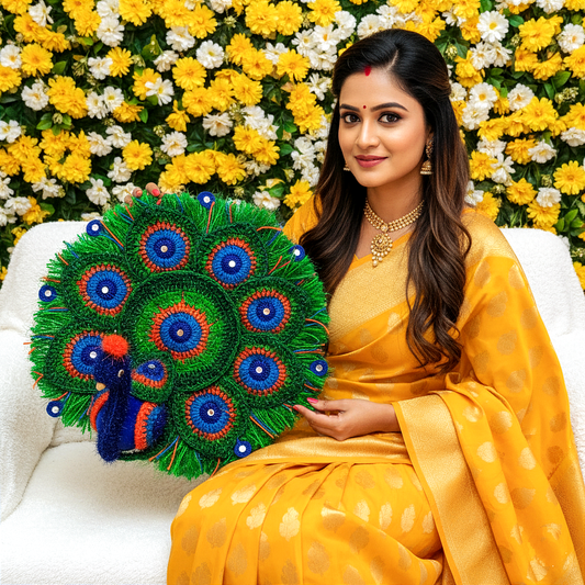 Handmade Crocheted Peacock-Inspired Aasan for Kanha Ji | Elegant Thalposh | Sacred Table Cover & Home Decor