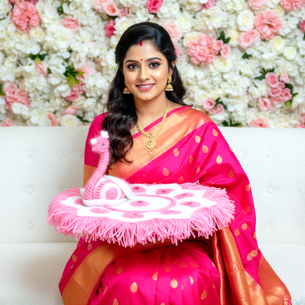Handmade Crocheted Peacock-Inspired Pink and White Aasan for Kanha Ji | Elegant Thalposh | Sacred Table Cover & Home Decor