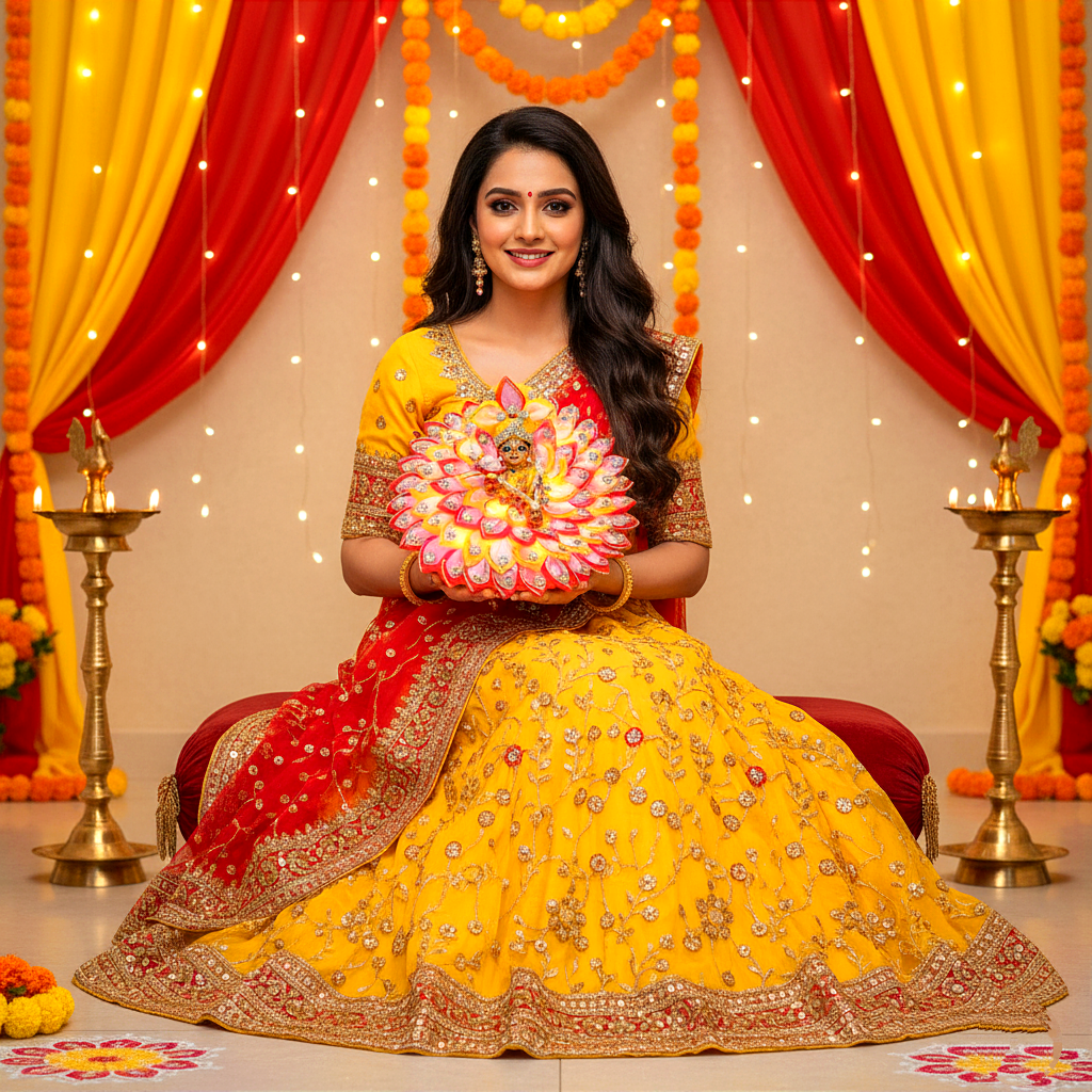 Diwali Special LED Light Up Kanha ji Dress – Two-In-One Fancy Red & Yellow Laddu Gopal Dress with Mukut, Pataka Set, Bansuri & Full Shringar Set