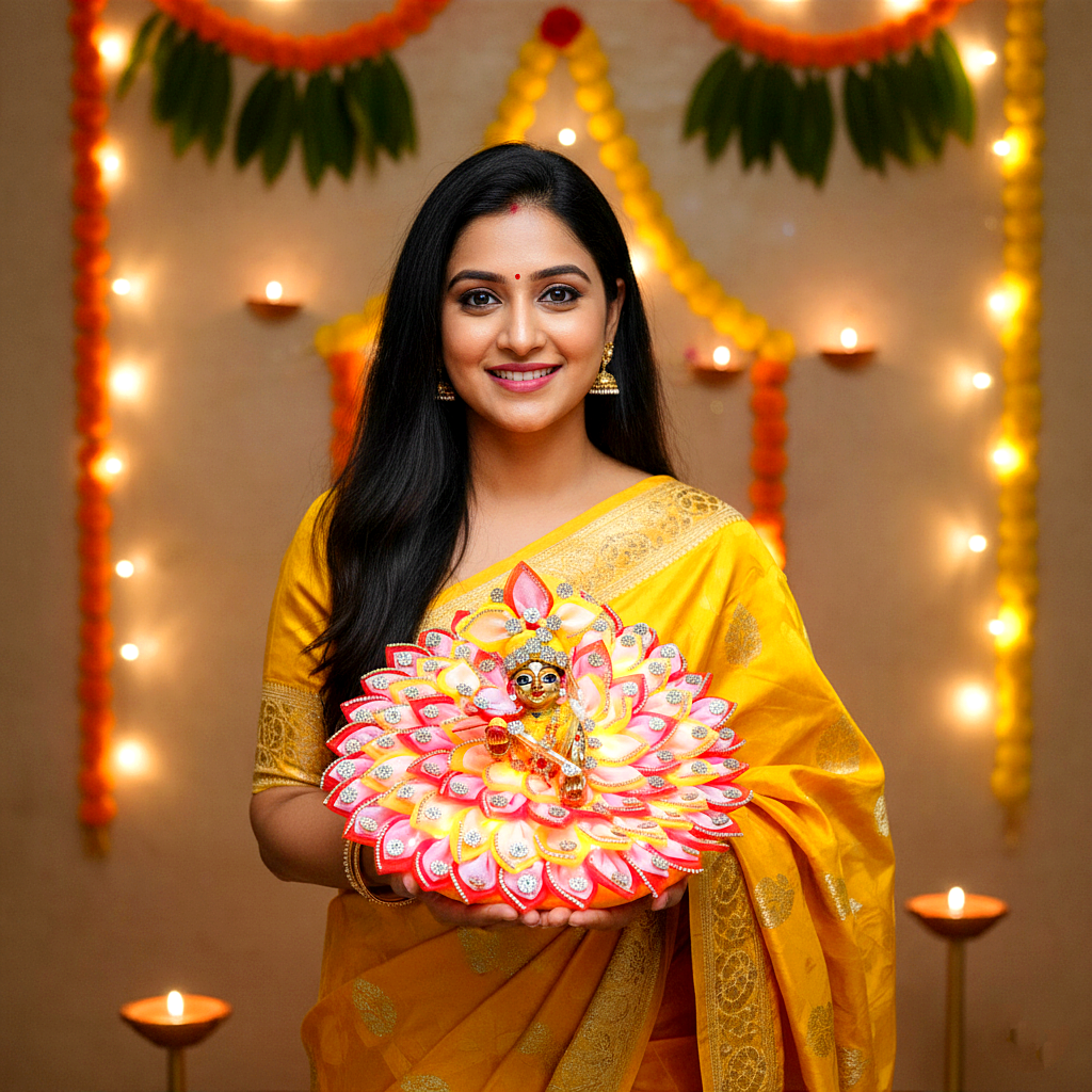 Diwali Special LED Light Up Kanha ji Dress – Two-In-One Fancy Red & Yellow Laddu Gopal Dress with Mukut, Pataka Set, Bansuri & Full Shringar Set