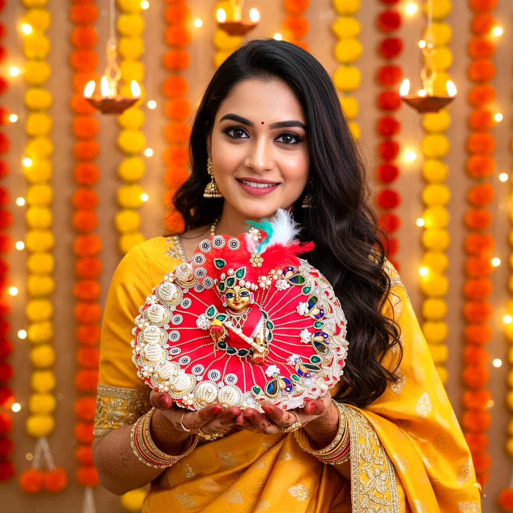 Diwali Special Yellow Laddu Gopal Poshak with 3D Pearl Balls, Zari Peacock Patches & Diamond Chain Work with Matching Mukut, Pataka Set, Bansuri & A Surprise Gift.