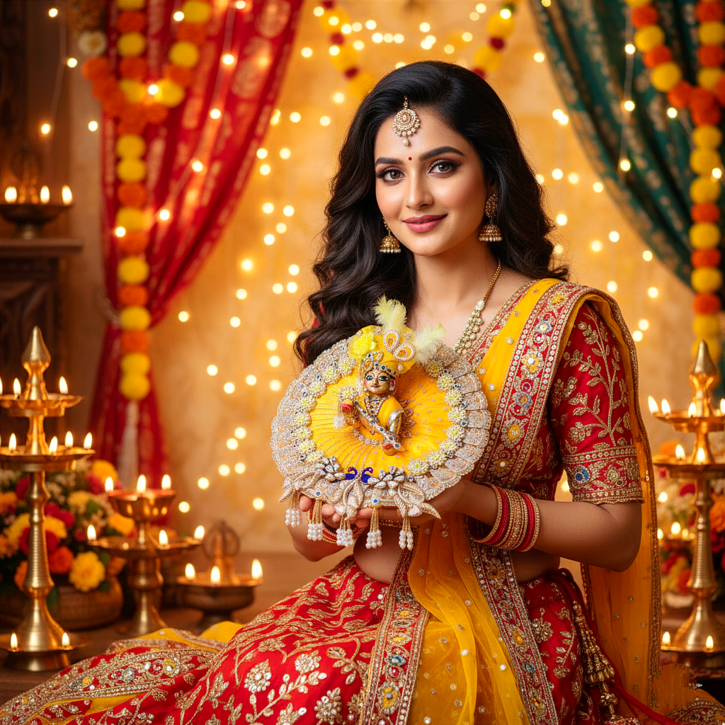 Diwali Laddu Gopal Dress with Peacock Patches & Intricate Golden Lace Work with Mukut, Pataka Set, Bansuri & Full Shringar Set