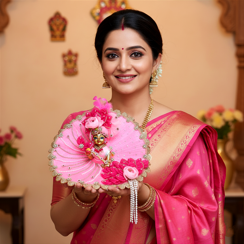 Diwali Special Divine Light Pink & Pink Kanha Ji Poshak with Diamond Lace & Floral Accents with Mukut, Pataka Set, Bansuri & Full Shringar Set