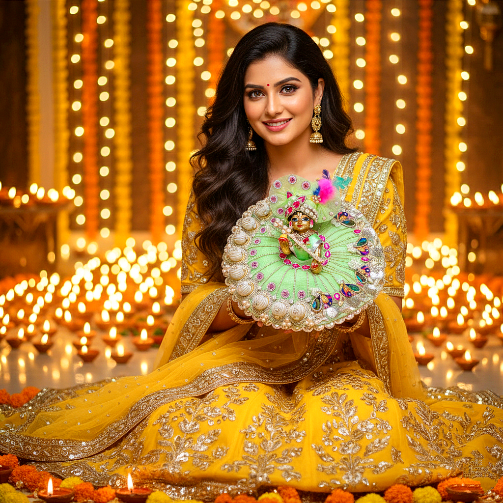 Diwali Special Green Laddu Gopal Dress with 3D Pearl Balls, Zari Peacock Patches & Diamond Chain Work with Matching Mukut, Pataka Set, Bansuri & A Surprise Gift.