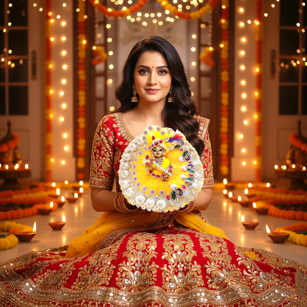 Diwali Special Yellow Laddu Gopal Poshak with 3D Pearl Balls, Zari Peacock Patches & Diamond Chain Work with Matching Mukut, Pataka Set, Bansuri & A Surprise Gift.