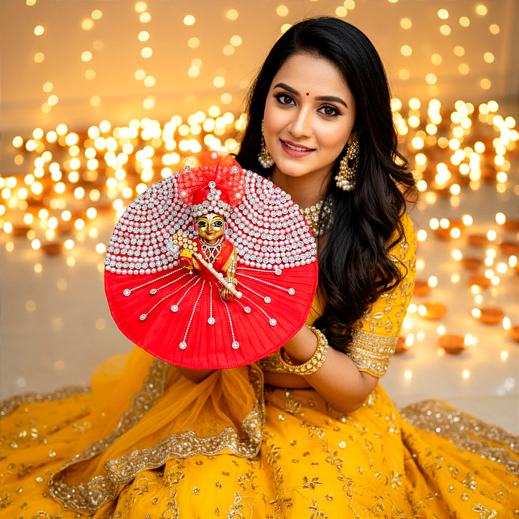 Elegant Diwali Laddu Gopal Poshak with Pearl & Diamond Chain Detailing with Mukut, Patakha Set, Bansuri & Full Shringar Set