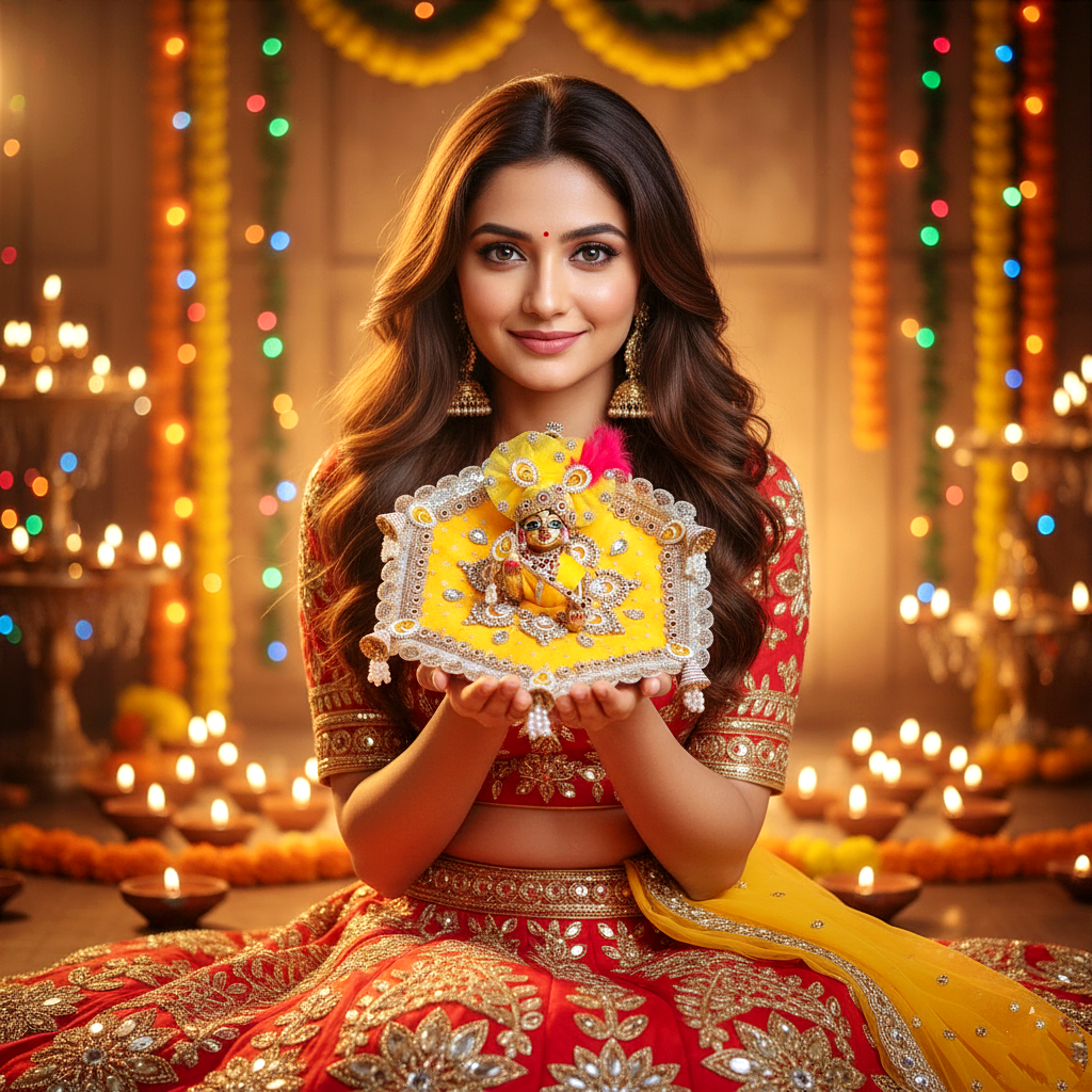Royal Yellow Krishna Dress – Hexagon Poshak with Handmade Patches with Mukut, Pataka Set, Bansuri & Full Shringar Set