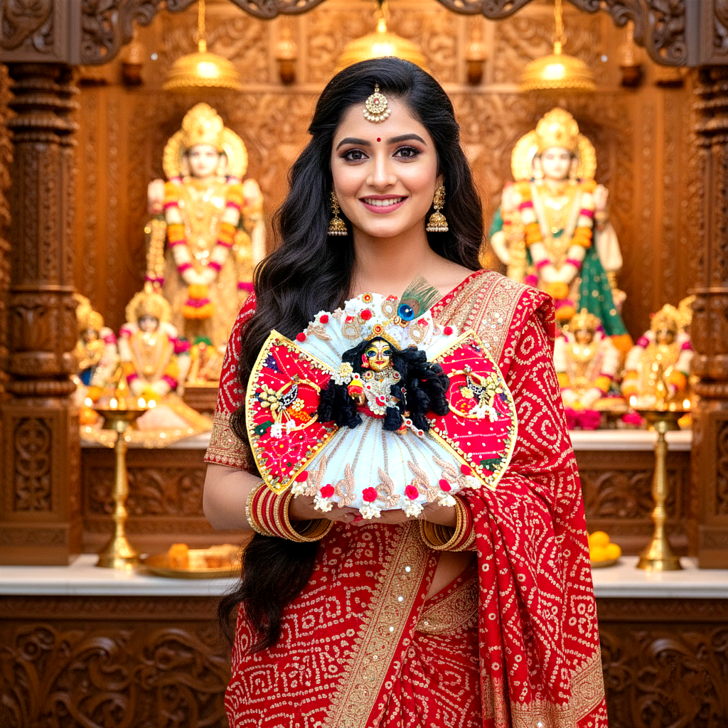 Diwali Special Butterfly Style Red & White Kanha ji Dress – Bandhej Print with Handmade Peacock Patches with Mukut, Patakha Set, Bansuri & Full Shringar Set