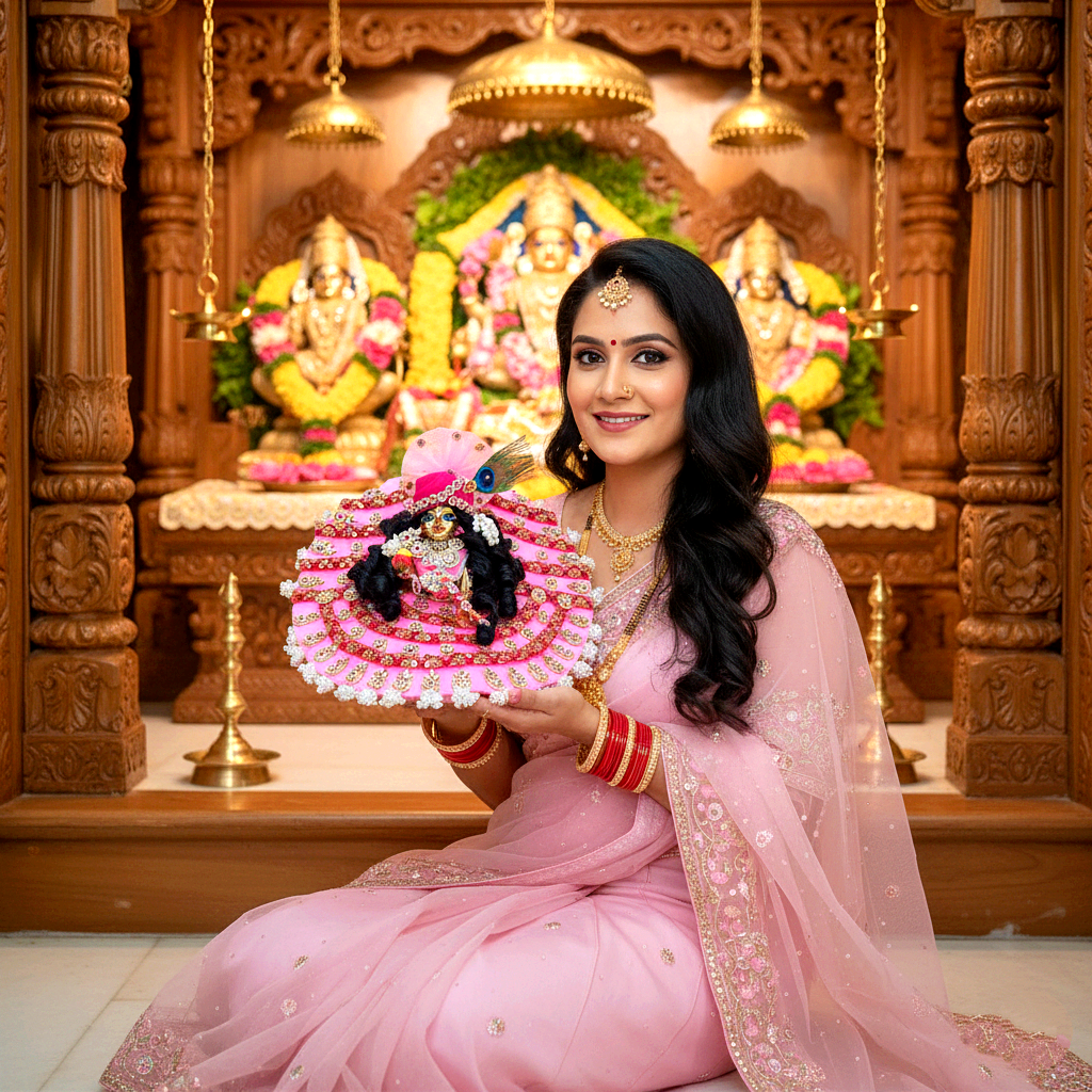 Pastel Pink Laddu Gopal Dress – Lace Detailing with Handcrafted Patches with Mukut, Patakha Set, Bansuri & Full Shringar Set