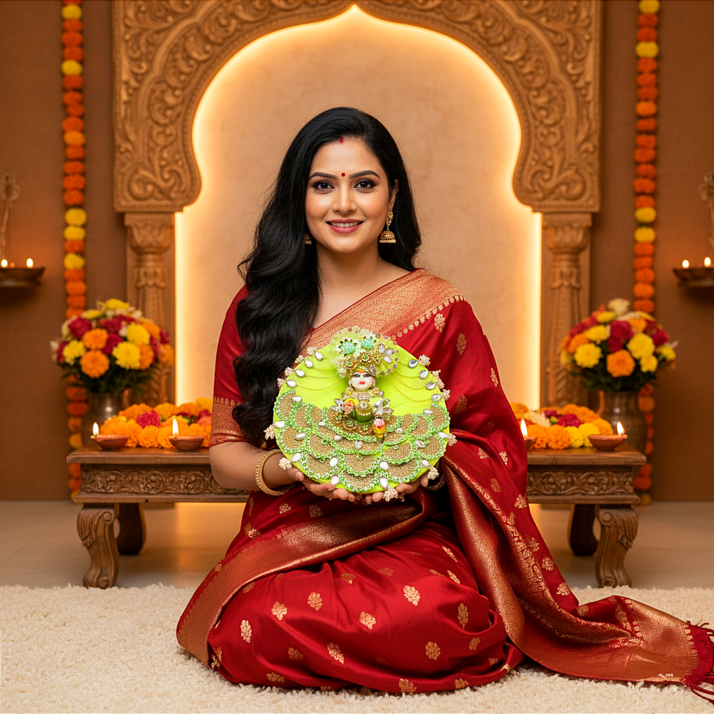Sparkling Diamond Finish Kanha ji Dress in Red- Unique Design Poshak with Mukut, Patakha Set, Bansuri and A Surprise Gift
