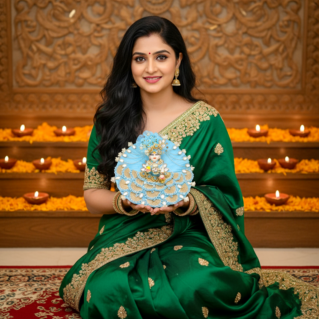 Sparkling Diamond Finish Kanha ji Dress in Orange with Mukut, Patakha Set, Bansuri and A Surprise Gift