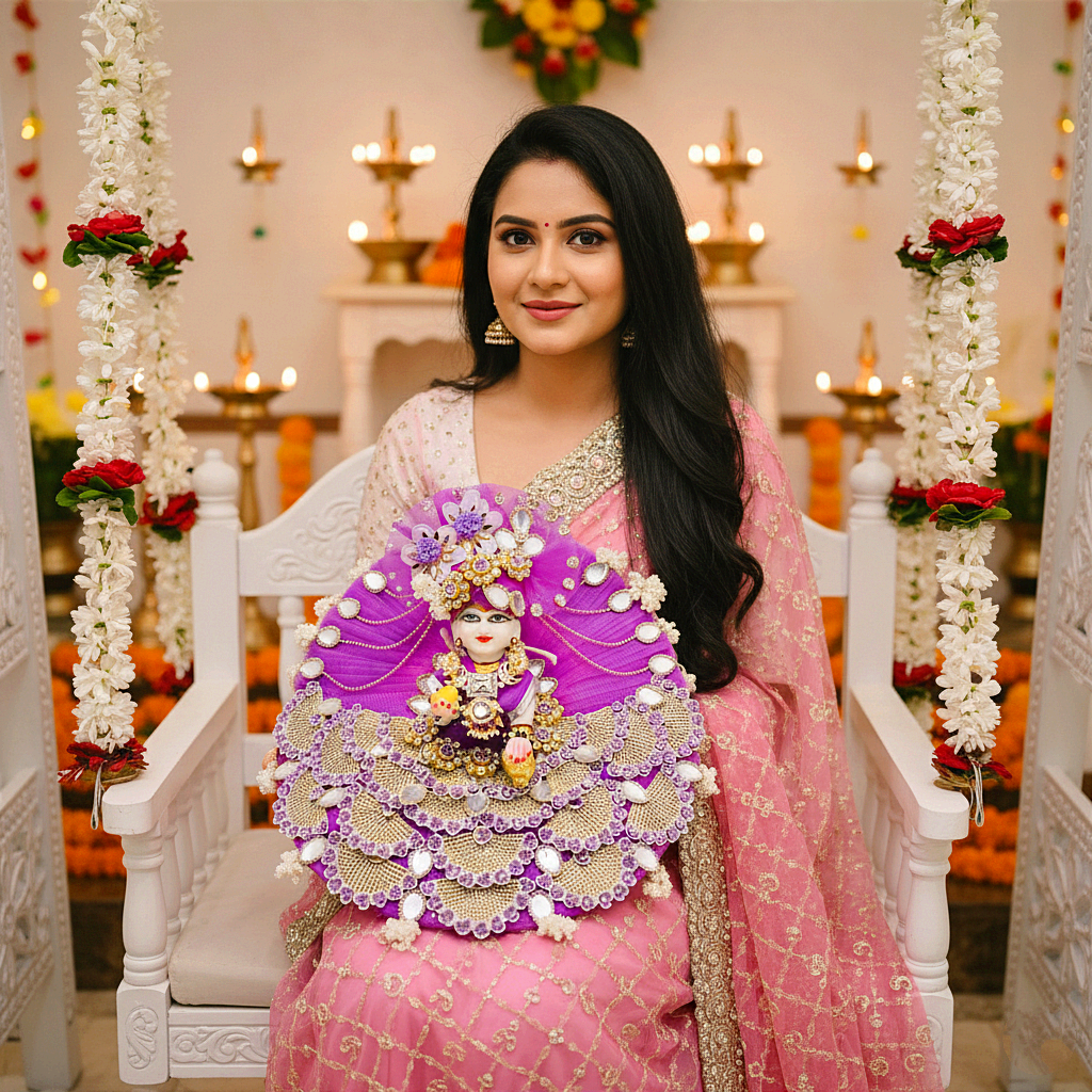 Sparkling Diamond Finish Kanha ji Dress in Red- Unique Design Poshak with Mukut, Patakha Set, Bansuri and A Surprise Gift