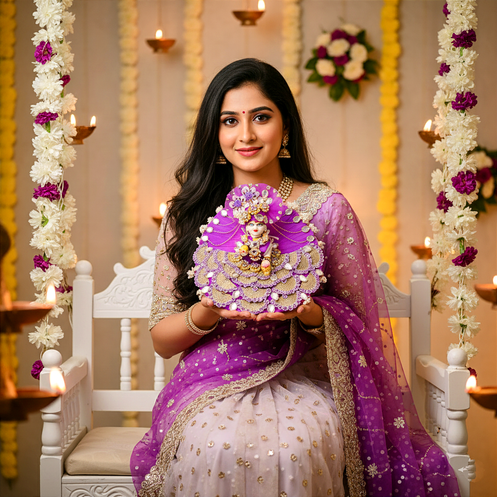 Sparkling Diamond Finish Kanha ji Dress in Orange with Mukut, Patakha Set, Bansuri and A Surprise Gift