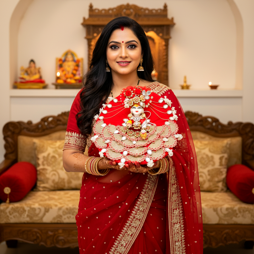 Sparkling Diamond Finish Kanha ji Dress in Red- Unique Design Poshak with Mukut, Patakha Set, Bansuri and A Surprise Gift