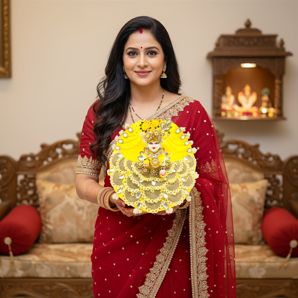 Sparkling Diamond Finish Kanha ji Dress in Red- Unique Design Poshak with Mukut, Patakha Set, Bansuri and A Surprise Gift