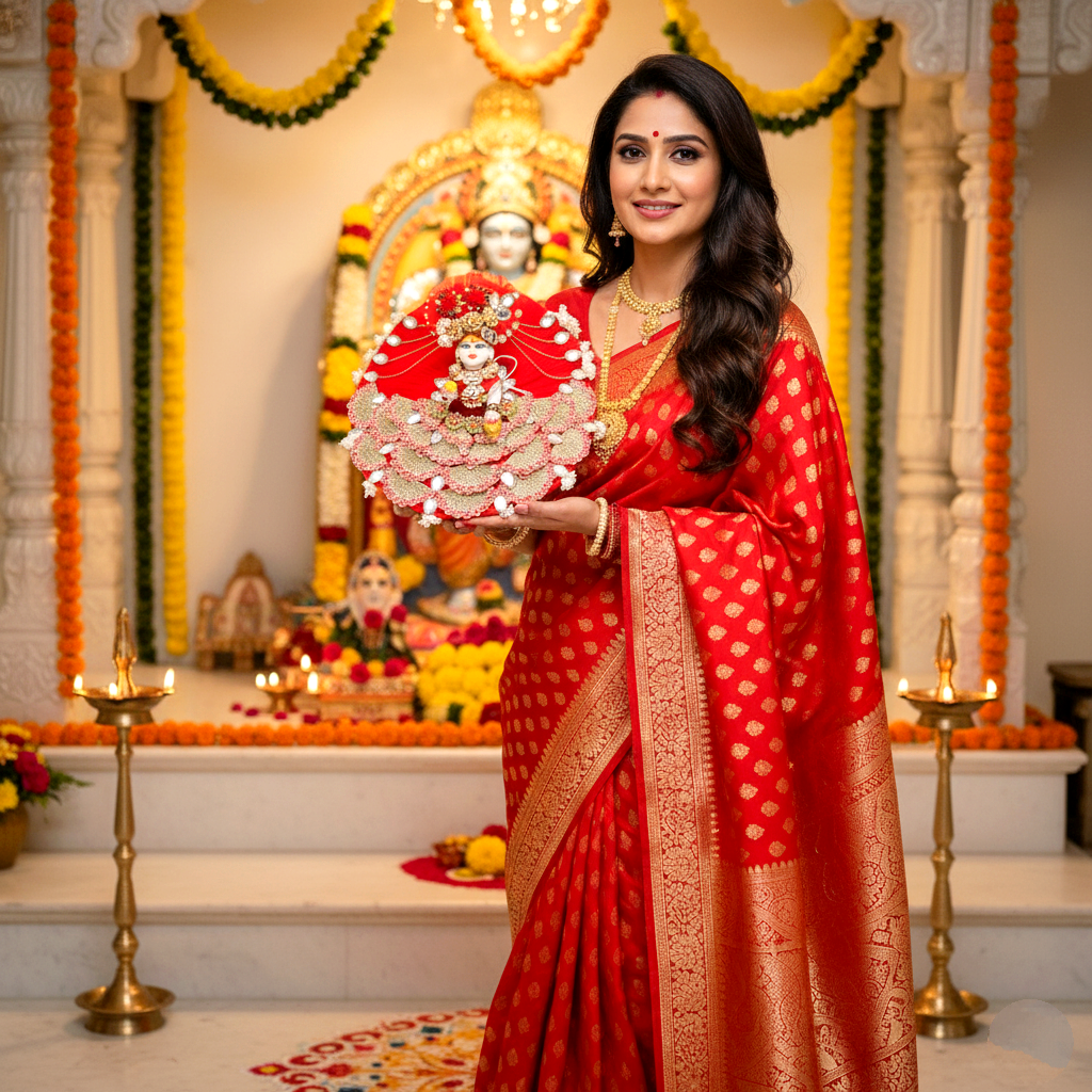 Sparkling Diamond Finish Kanha ji Dress in Orange with Mukut, Patakha Set, Bansuri and A Surprise Gift