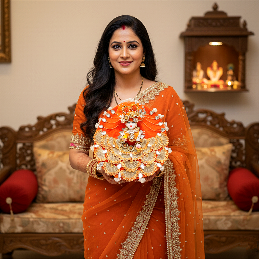 Sparkling Diamond Finish Kanha ji Dress in Orange with Mukut, Patakha Set, Bansuri and A Surprise Gift