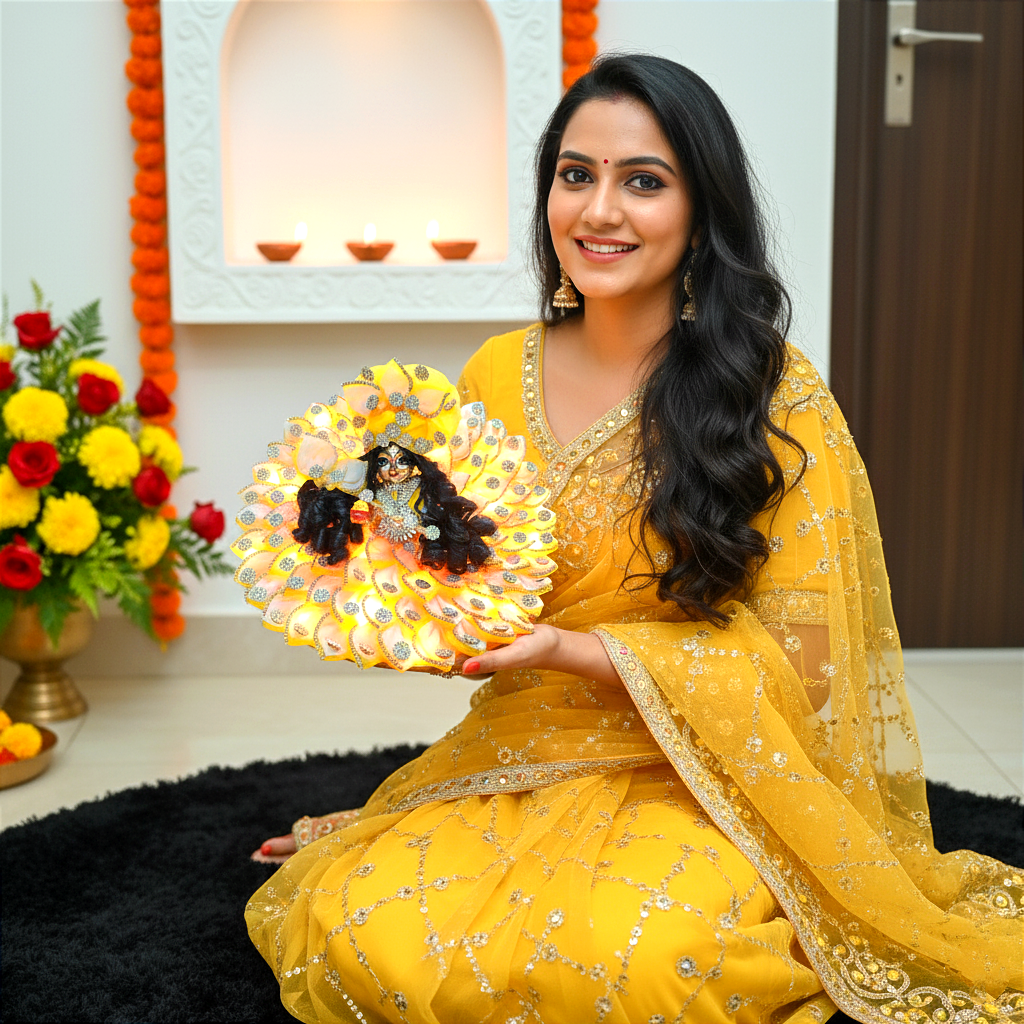 Diwali Special LED Light Up Kanha ji Dress – Two-In-One Fancy Red & Yellow Laddu Gopal Dress with Mukut, Pataka Set, Bansuri & Full Shringar Set