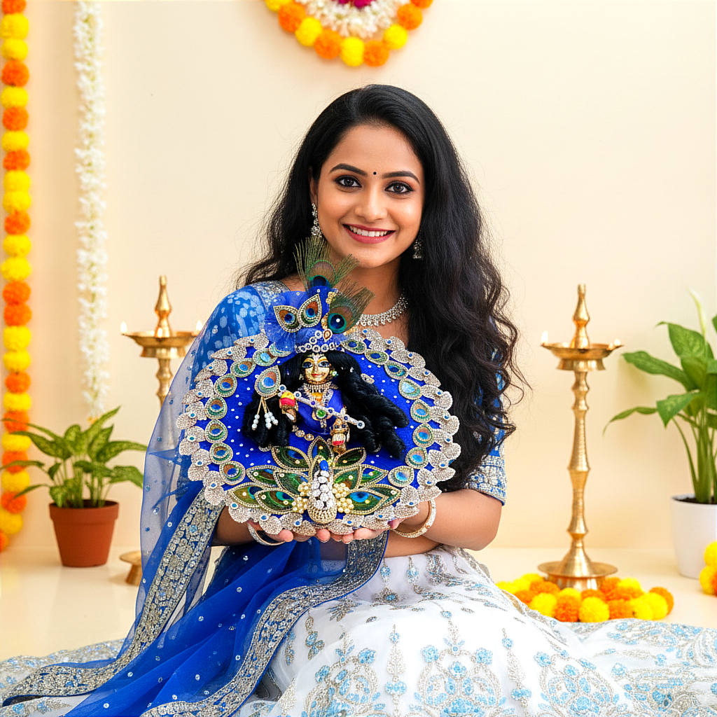 3D Peacock Laddu Gopal Dress – Diwali Special Designer Thakur Ji Poshak with Mukut, Patakha Set, Bansuri & Full Shringar Set