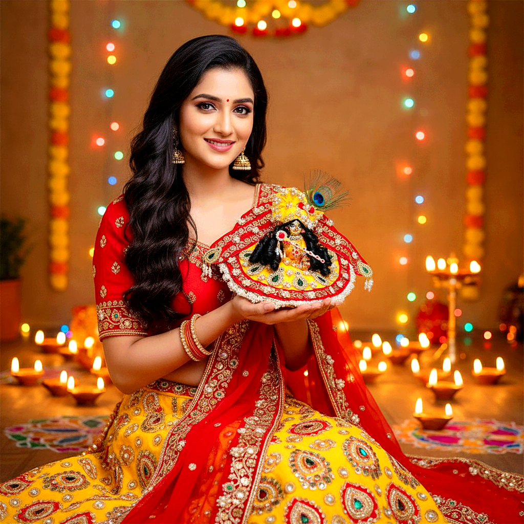 Diwali Special Designer Red and Yellow Laddu Gopal Poshak – Heavy Styling Bal Gopal Dress with Mukut, Patakha Set, Bansuri & Full Shringar Set