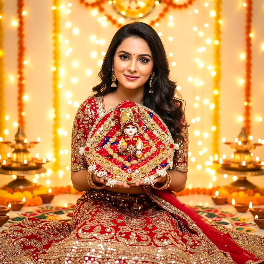 Diwali Special Radha Krishna Themed Red Bandhej Poshak – Heart Design Dress for Bal Gopal with Mukut, Patakha Set, Bansuri & Full Shringar Set