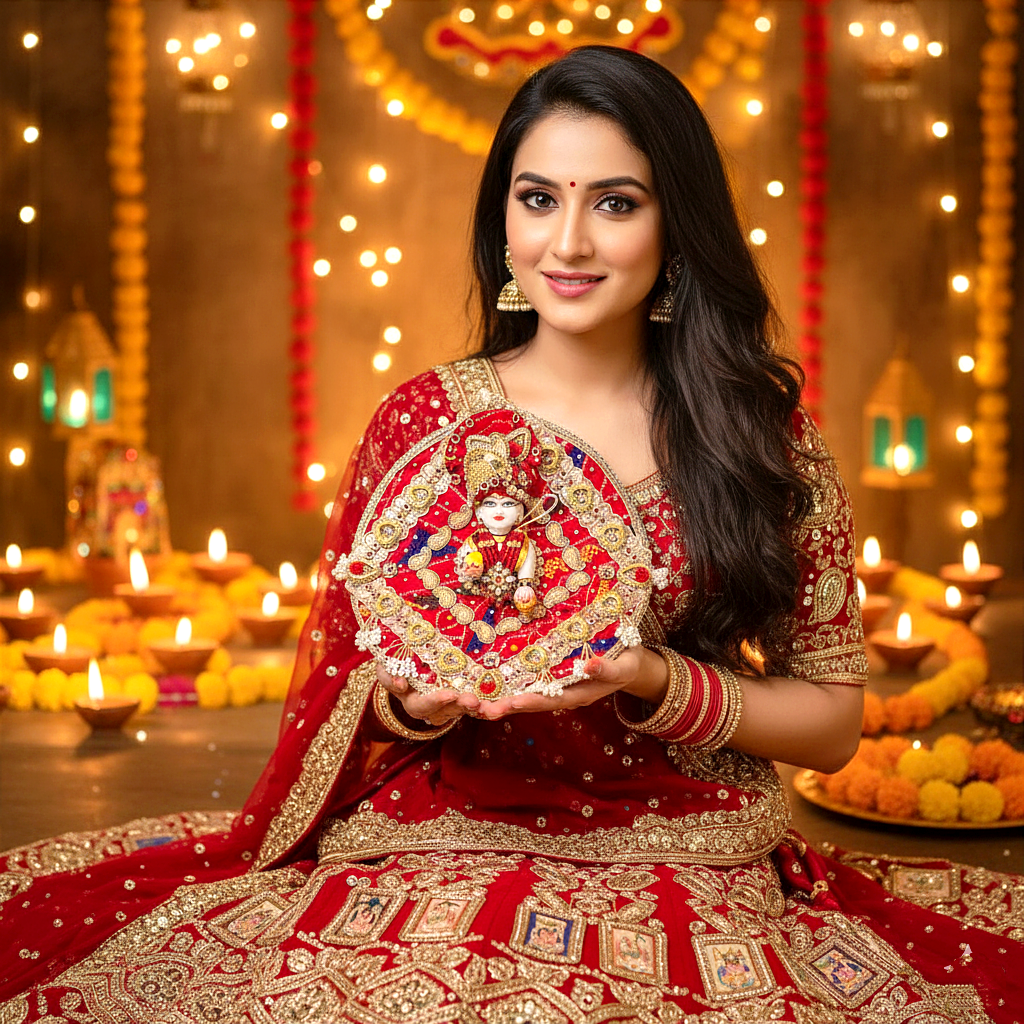 Diwali Special Radha Krishna Themed Red Bandhej Poshak – Heart Design Dress for Bal Gopal with Mukut, Patakha Set, Bansuri & Full Shringar Set