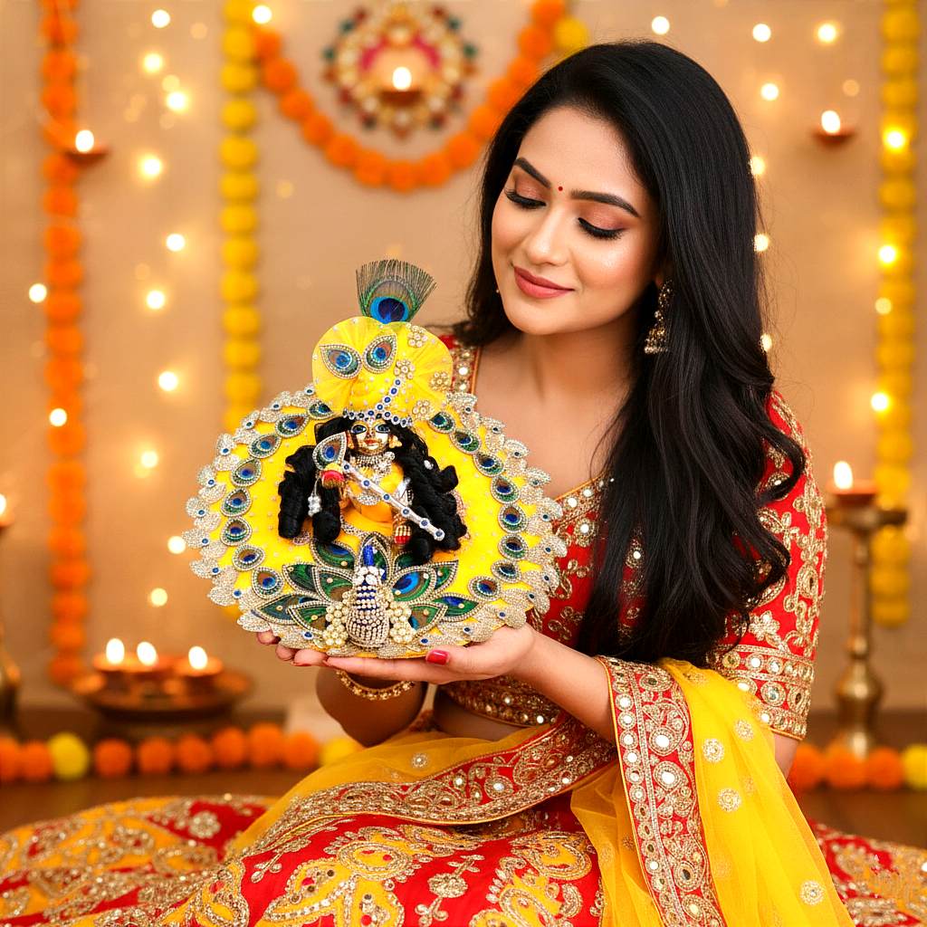 3D Peacock Laddu Gopal Dress – Diwali Special Designer Thakur Ji Poshak with Mukut, Patakha Set, Bansuri & Full Shringar Set