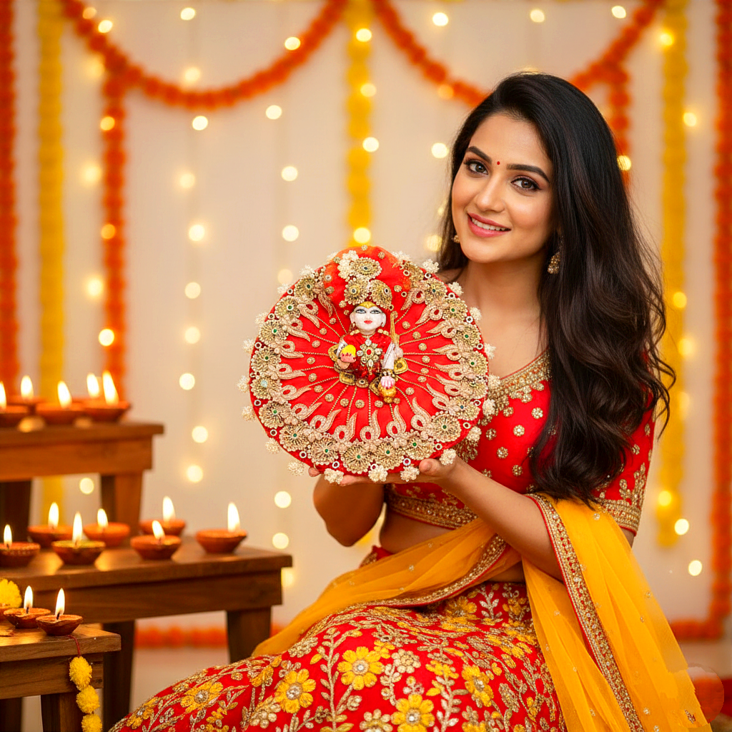 Diwali Special Traditional Red Kanha Ji Poshak – Intricate Zari & Golden Patch Dress with Mukut, Patakha Set, Bansuri & Full Shringar Set