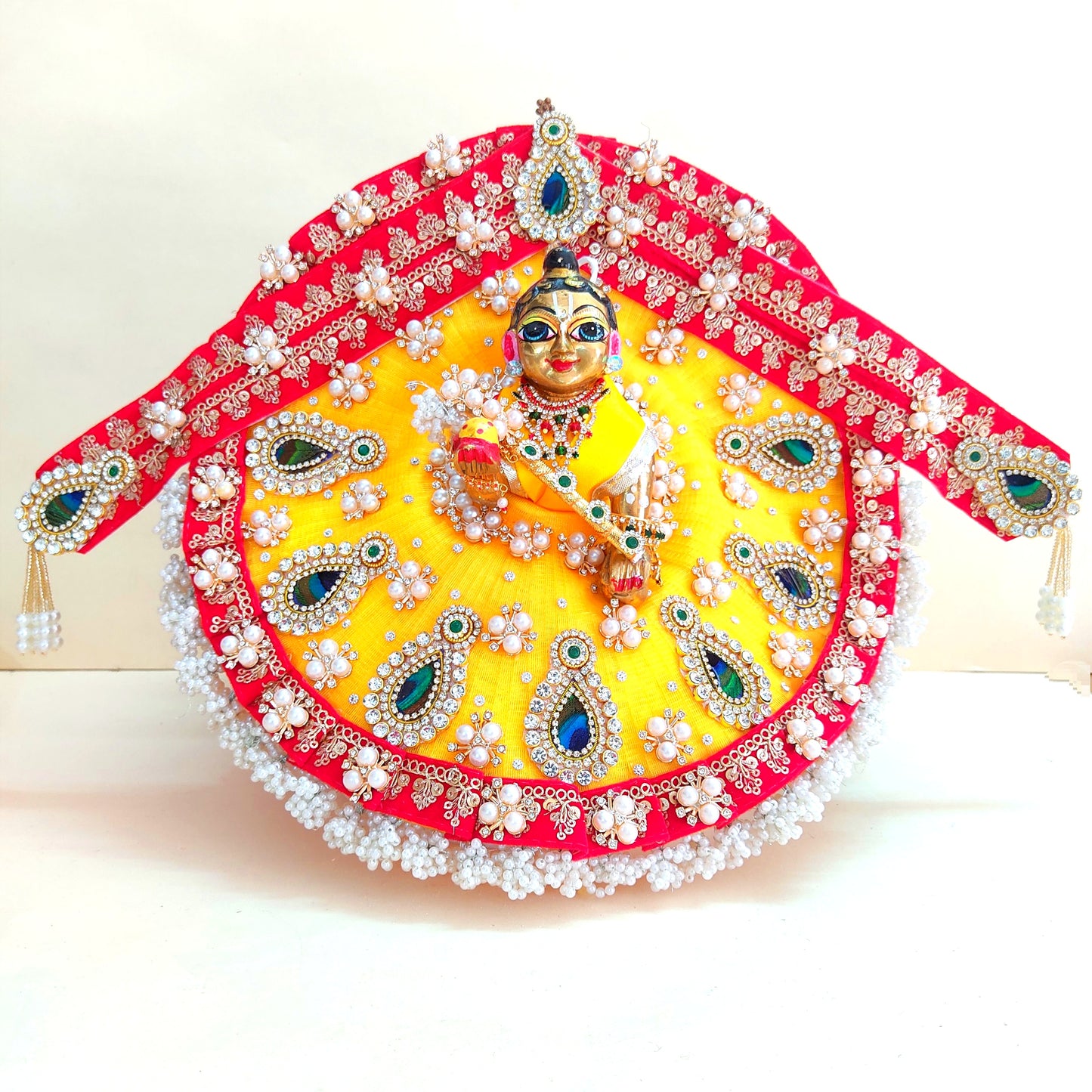 Diwali Special Designer Red and Yellow Laddu Gopal Poshak – Heavy Styling Bal Gopal Dress with Mukut, Patakha Set, Bansuri & Full Shringar Set