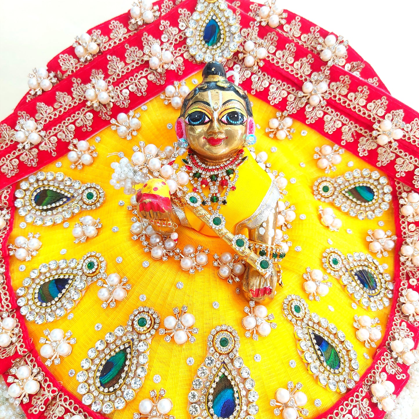 Diwali Special Designer Red and Yellow Laddu Gopal Poshak – Heavy Styling Bal Gopal Dress with Mukut, Patakha Set, Bansuri & Full Shringar Set