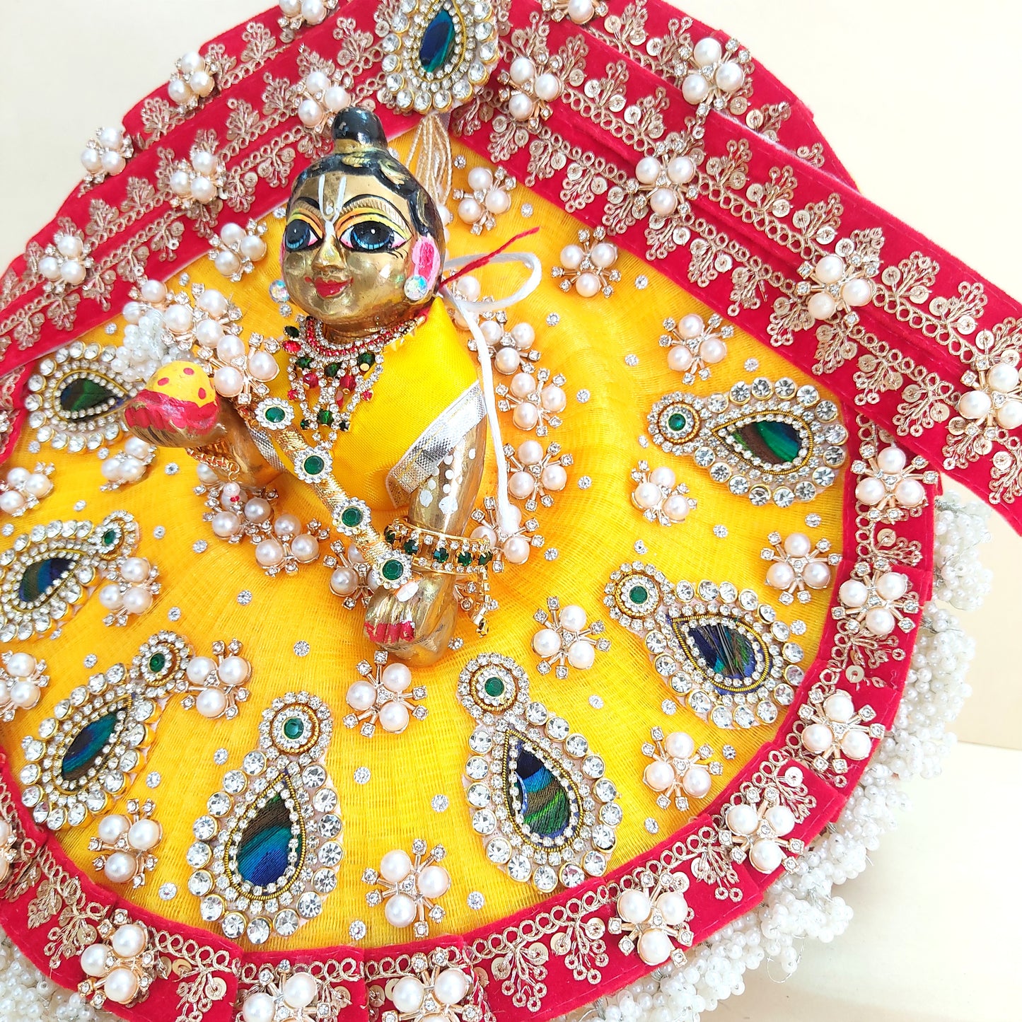Diwali Special Designer Red and Yellow Laddu Gopal Poshak – Heavy Styling Bal Gopal Dress with Mukut, Patakha Set, Bansuri & Full Shringar Set