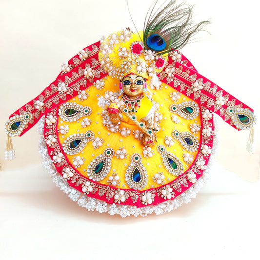 Diwali Special Designer Red and Yellow Laddu Gopal Poshak – Heavy Styling Bal Gopal Dress with Mukut, Patakha Set, Bansuri & Full Shringar Set