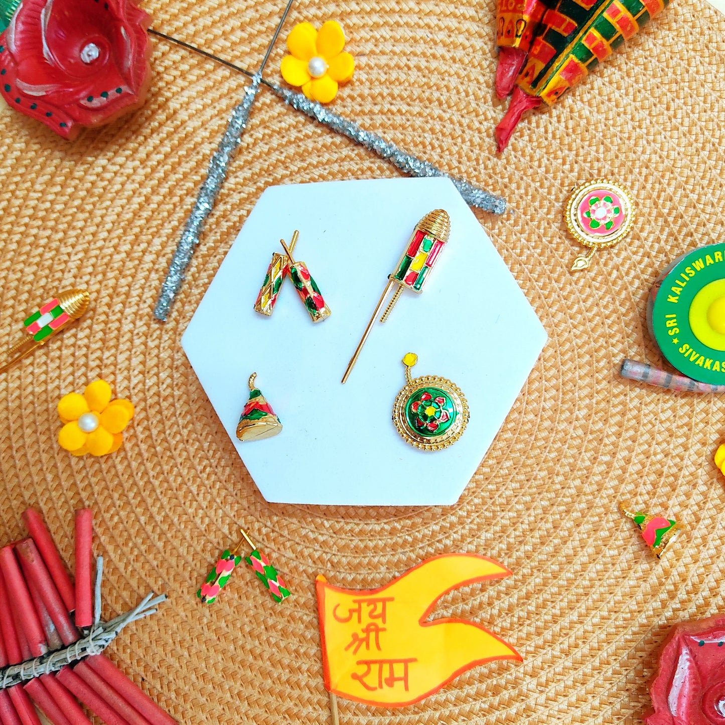 Diwali Special Yellow Laddu Gopal Poshak with 3D Pearl Balls, Zari Peacock Patches & Diamond Chain Work with Matching Mukut, Pataka Set, Bansuri & A Surprise Gift.