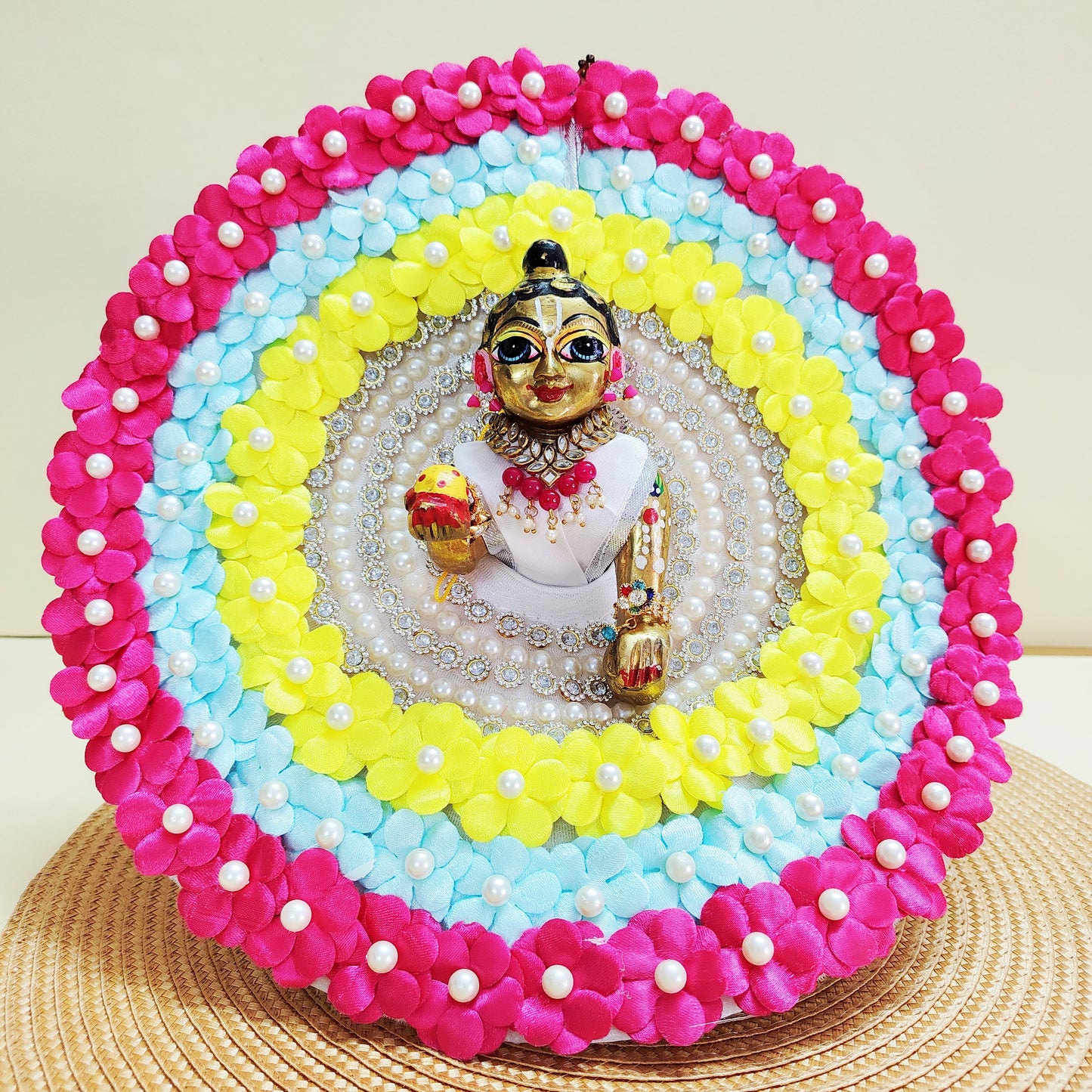 Laddu Gopal Multi Flower Dress with Mukut, Bansuri and a Surprise Gift
