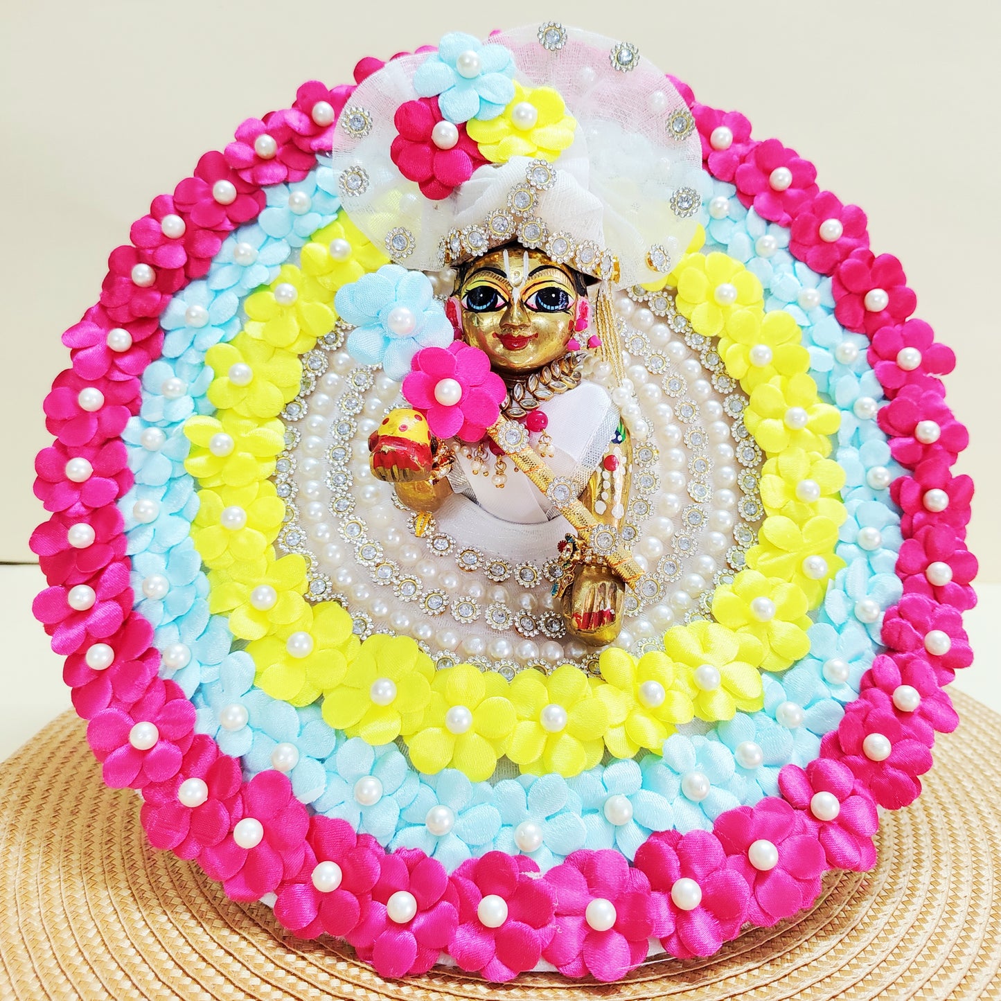 Laddu Gopal Multi Flower Dress with Mukut, Bansuri and a Surprise Gift