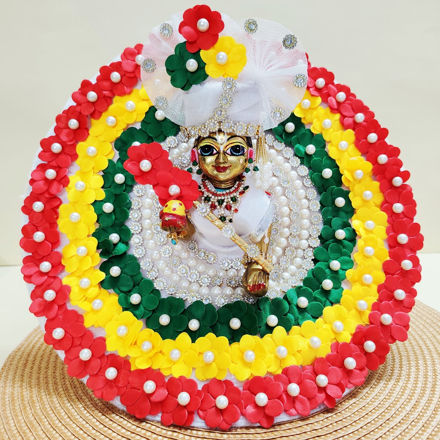 Laddu Gopal Multi Flower Dress with Mukut, Bansuri and a Surprise Gift