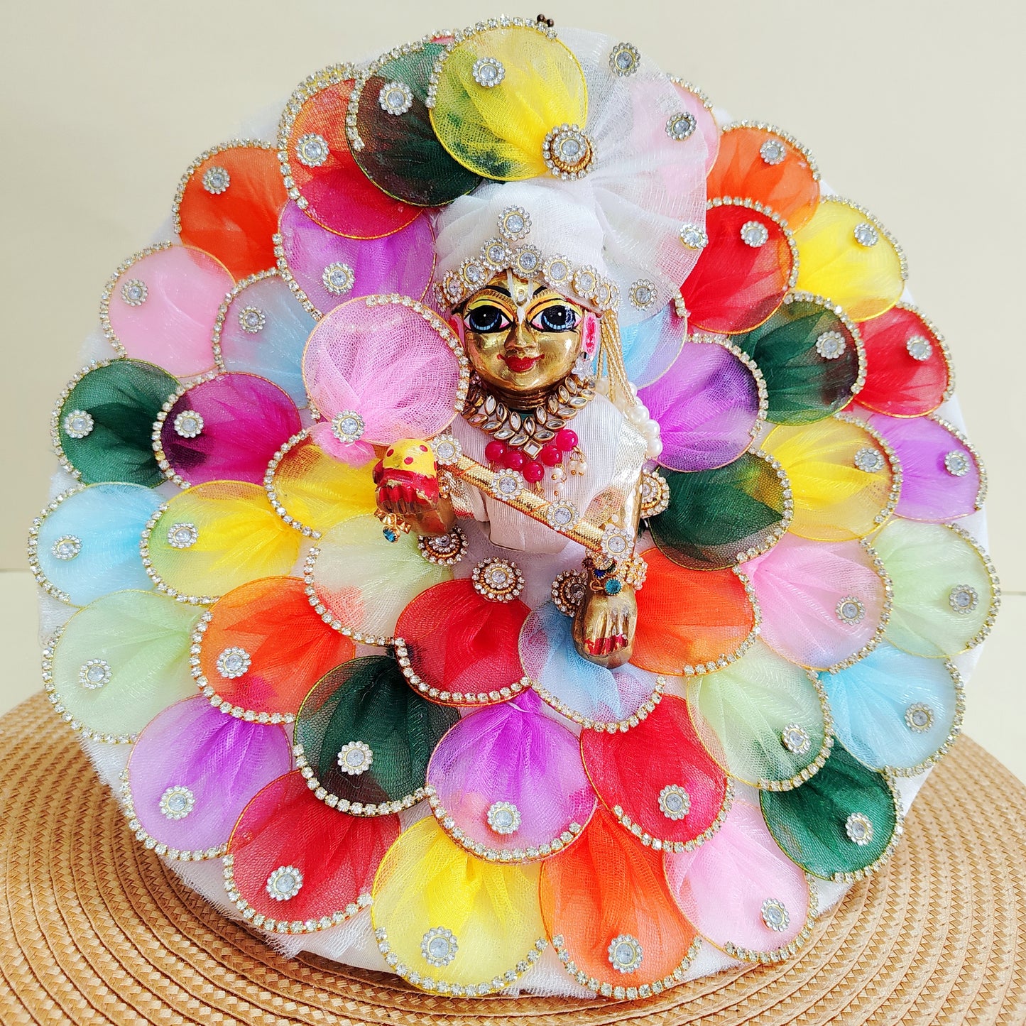 Laddu Gopal multi color petals dress with mukut