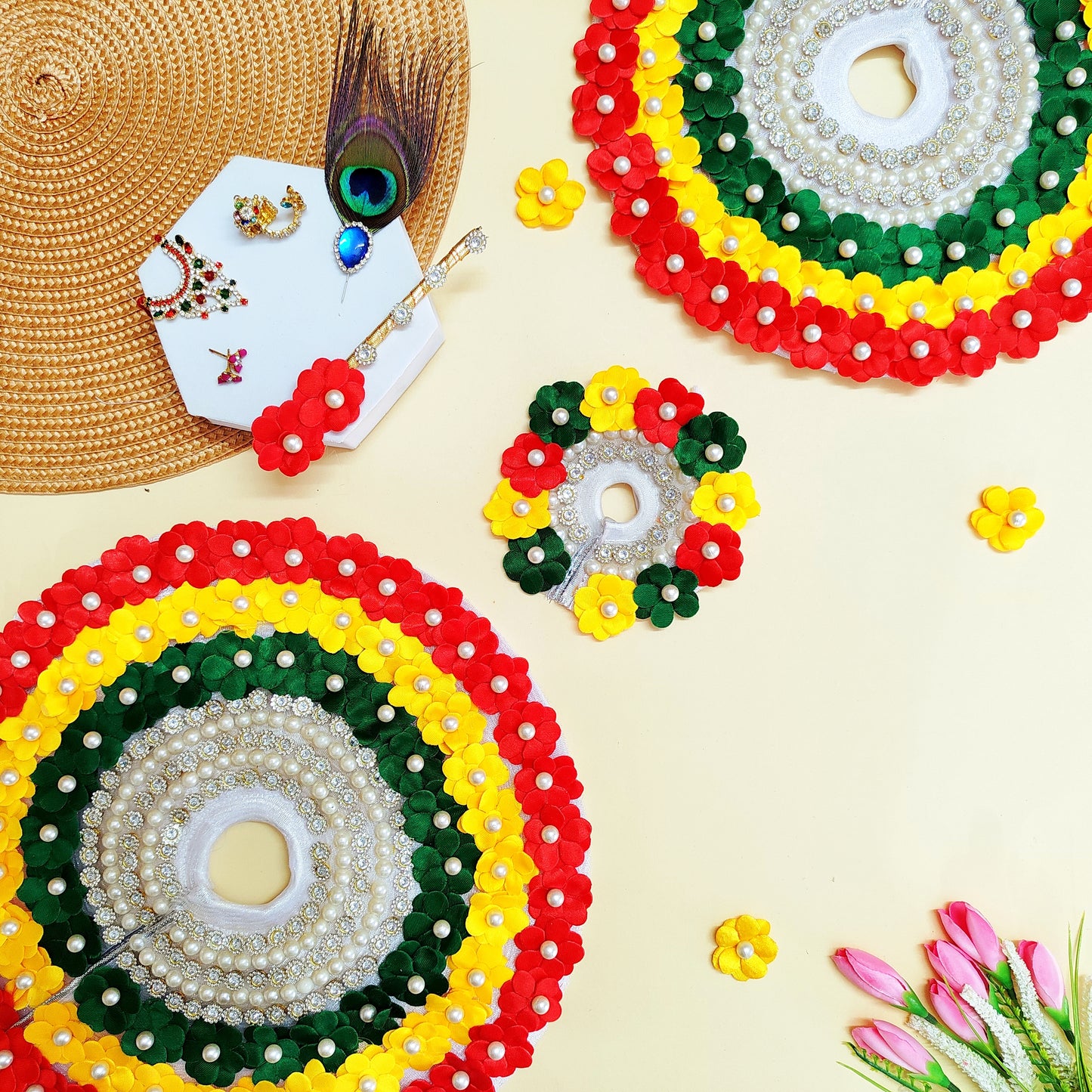 Laddu Gopal Multi Flower Dress with Mukut, Bansuri and a Surprise Gift