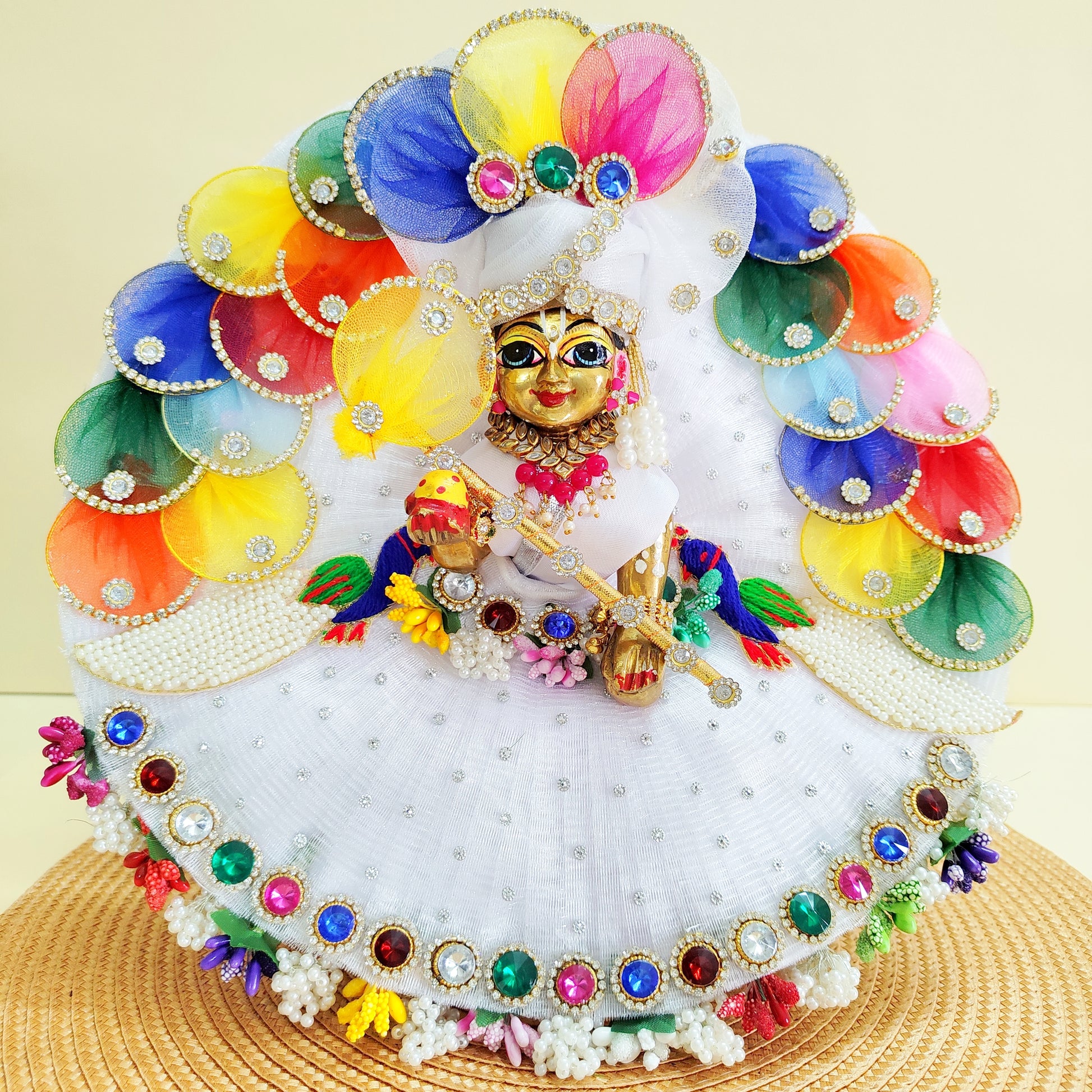Multicolor petals Kanhaji peacock poshaka with mukut